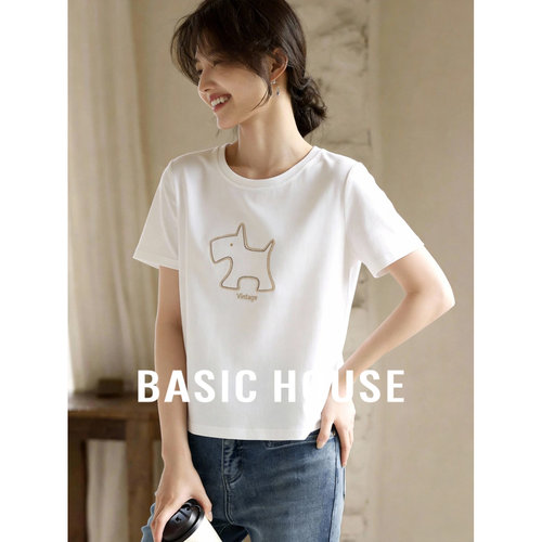 Basic House/百家好美式复古棉感短袖正肩t恤女春夏修身印花体恤