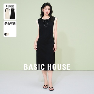 Basic House/百家好撞色无袖连衣裙中长款圆领T恤裙子夏季2025新
