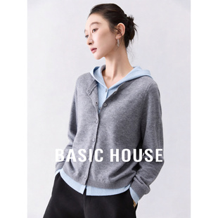 女2026春新款 百家好假两件羊毛针织开衫 连帽毛衣外套 House Basic