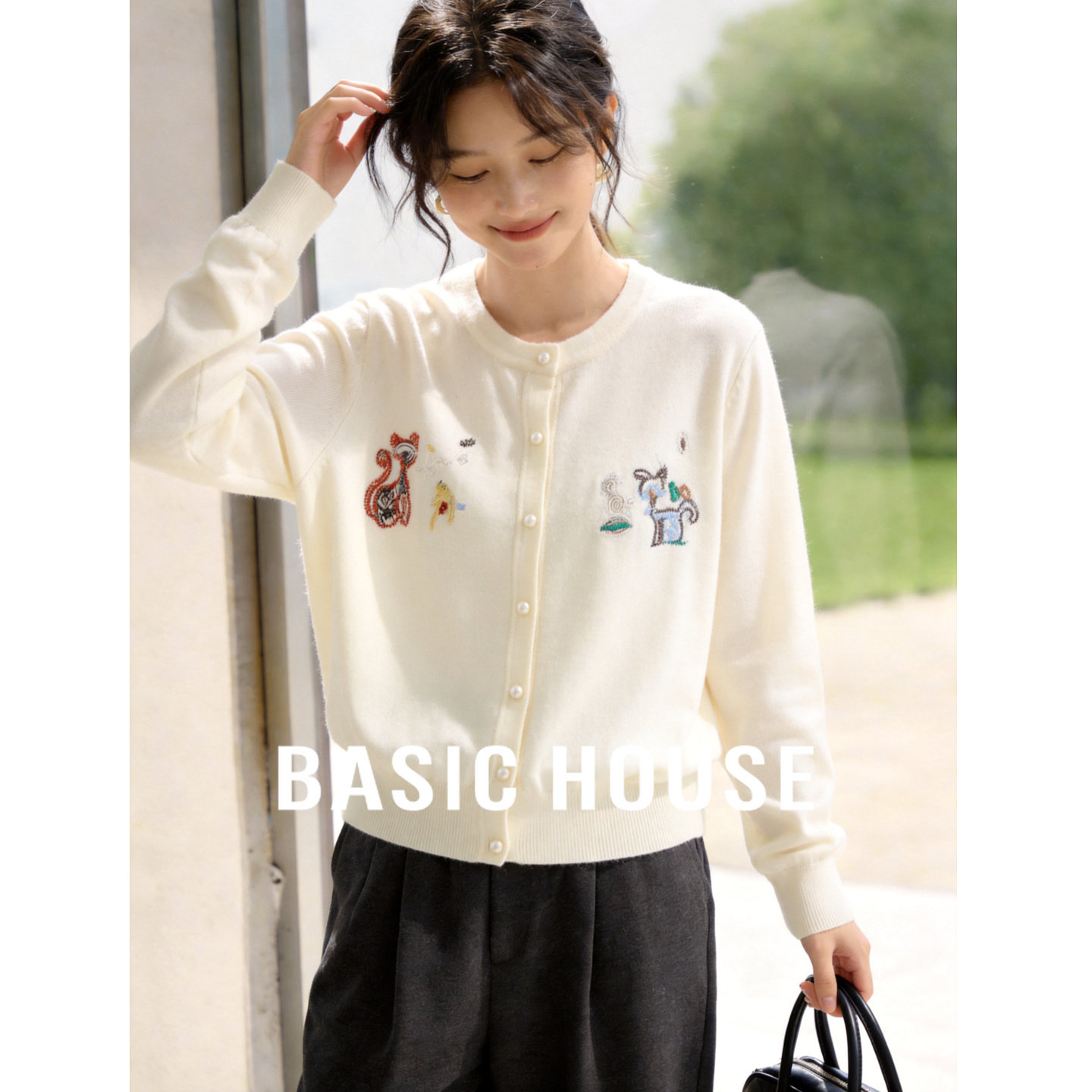 Basic House/百家好卡通刺绣针织开衫女软糯亲肤2026春夏减龄上衣