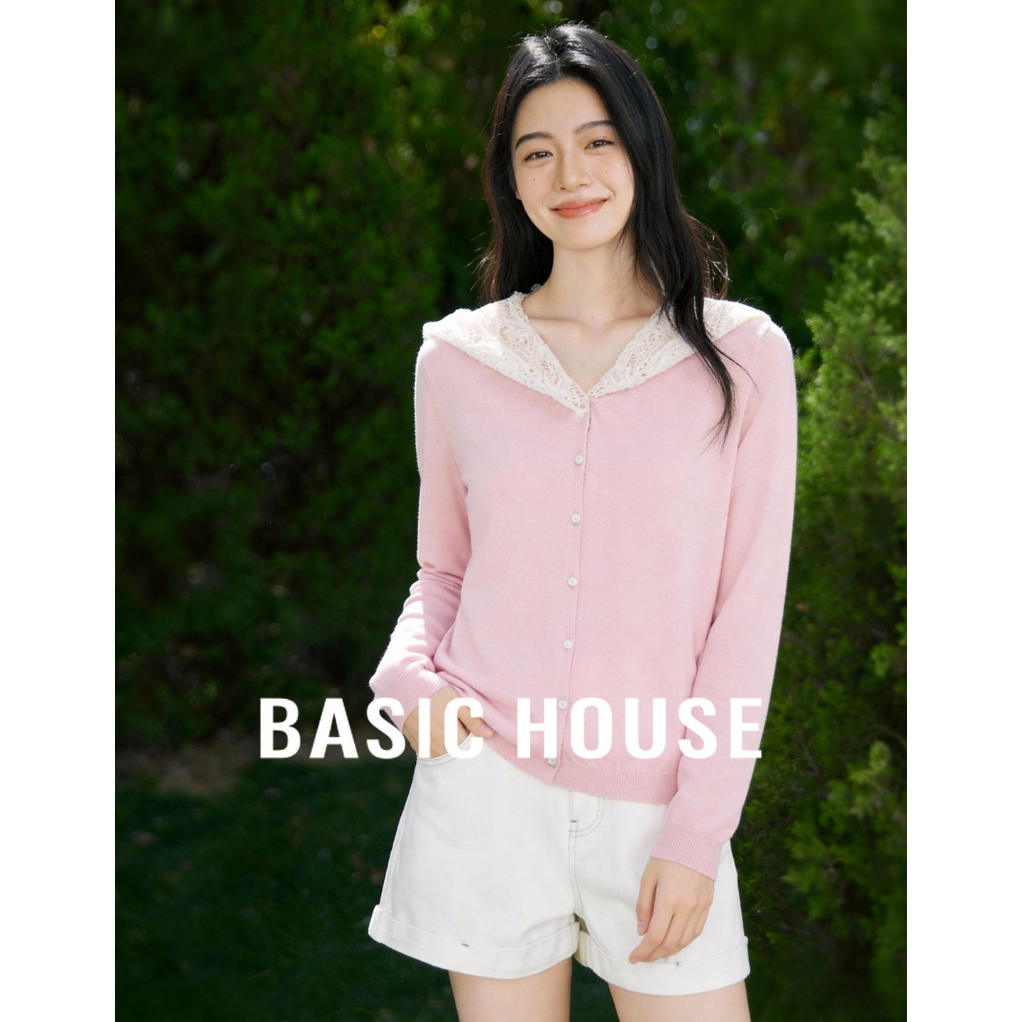 Basic House/百家好粉色蕾丝领针织开衫女春季新款甜美风宽松毛衫
