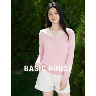 House 甜美风宽松毛衫 百家好粉色蕾丝领针织开衫 新款 女春季 Basic