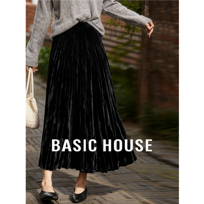 Basic House/百家好纯色丝绒半身裙女2025秋冬新款A字厚款中长裙