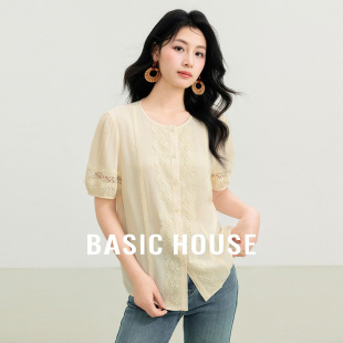 新款 百家好纯色休闲百搭夏季 宽松淡人短袖 开衫 女 Basic 衬衫 House