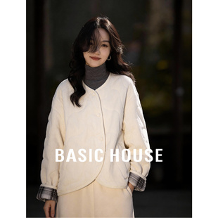 Basic House/百家好米色圆领宽松简约羽绒服女春季白鸭绒短款外套