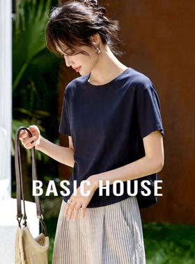 Basic House/百家好圆领纯色压褶下摆圆领短袖T恤女气质通勤上衣