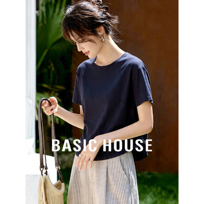 Basic House/百家好圆领纯色压褶下摆圆领短袖T恤女气质通勤上衣