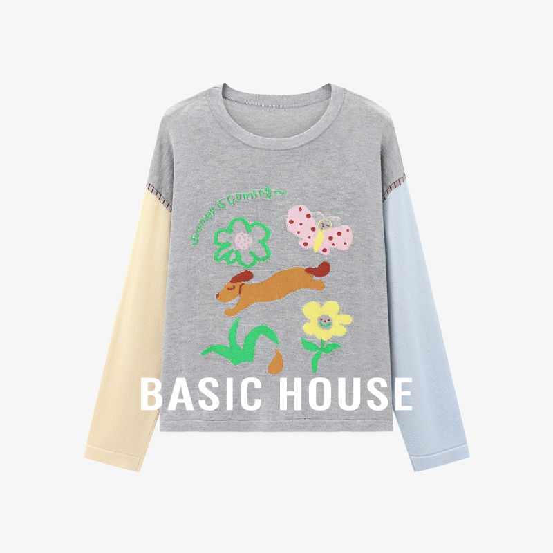 Basic House/百家好拼接撞色袖子设计感秋季新款宽松印花针织衫女