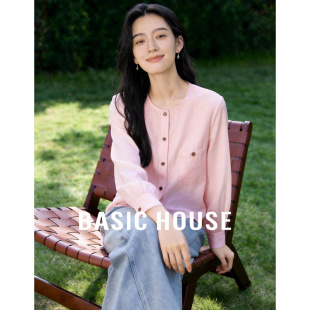 单排休闲扣衬衫 百家好粉色缎面圆领开衫 宽松灯笼袖 新款 上衣女春季