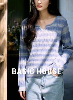 Basic House百家好渐变条纹V领针织衫女春季新款软糯透气长袖上衣