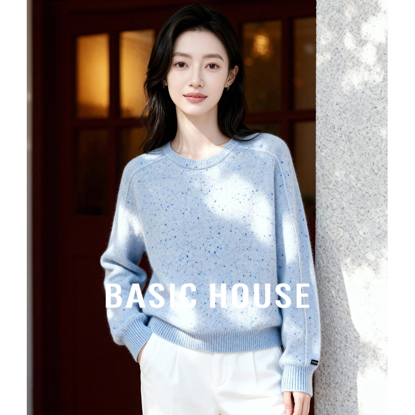 百家好蓝色彩点短款休闲毛衣女25冬季新款100%绵羊毛慵懒风针织衫