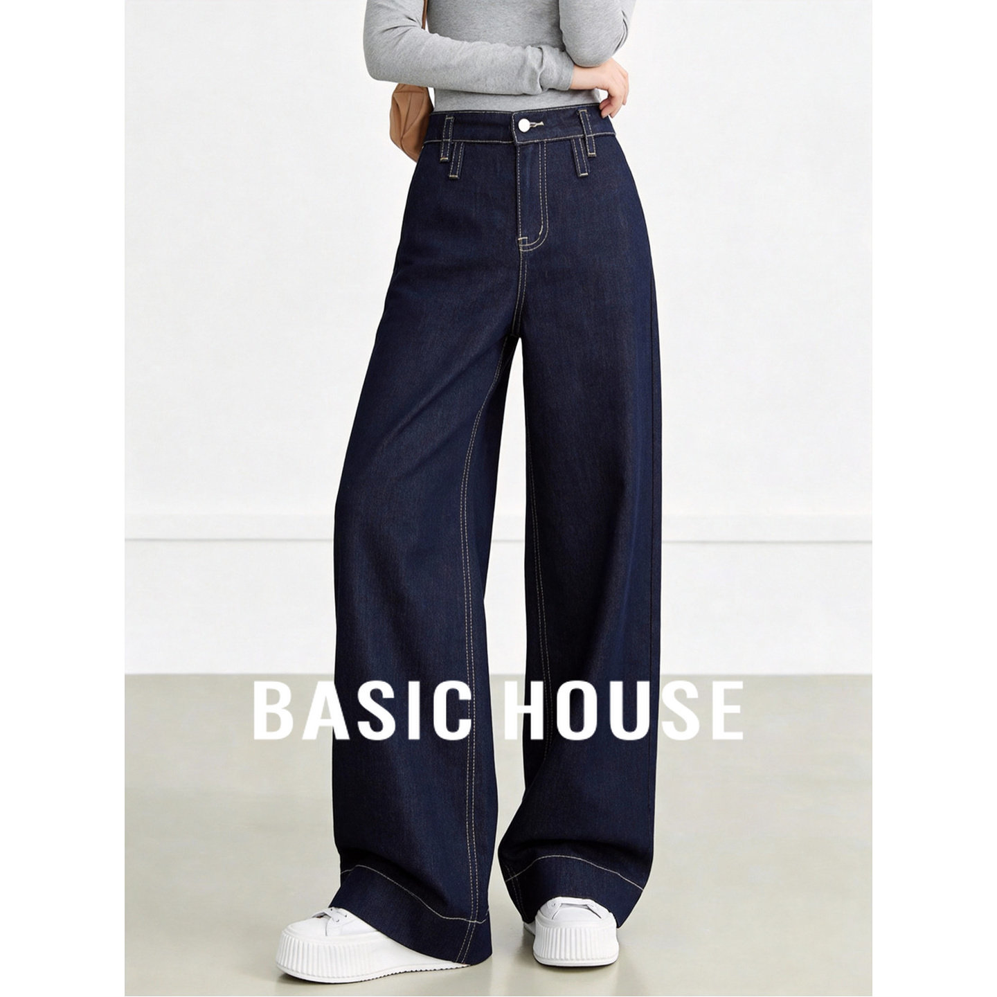 Basic House/百家好水洗高腰阔腿牛仔裤宽松丹宁深蓝色直筒长裤女