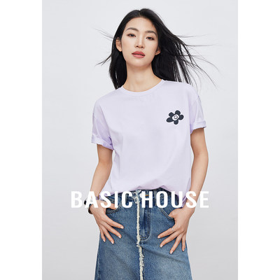 Basic House/百家好多巴胺短袖T恤女2024春夏宽松圆领打底衫