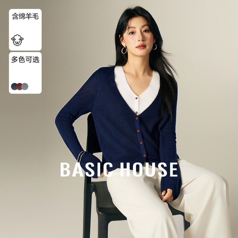 Basic House/百家好绵羊毛假两件针织开衫秋冬新款慵懒风撞色上衣