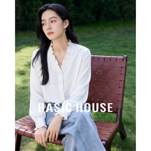 百家好荷叶领木耳边白色长袖衬衫女春季新款法式气质显瘦花边上衣