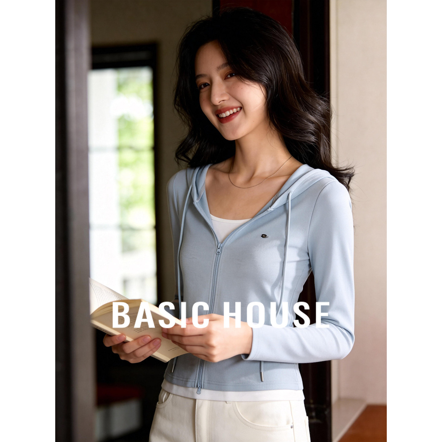 百家好韩系温柔风假两件连帽卫衣女春季抽绳拉链短款显瘦休闲上衣