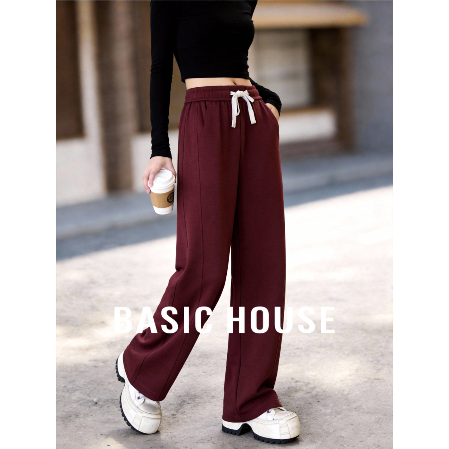 百家好黑色抽绳腰阔腿裤春季新款女士垂感宽松直筒休闲西装长裤子