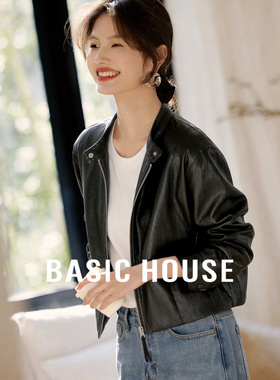 Basic House/百家好黑色立领PU外套女春季新款宽松休闲通勤皮夹克
