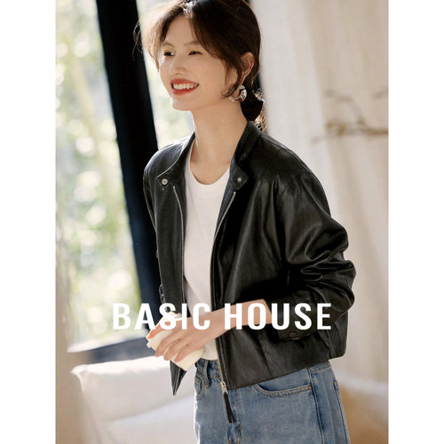 Basic House/百家好黑色立领PU外套女春季新款宽松休闲通勤皮夹克