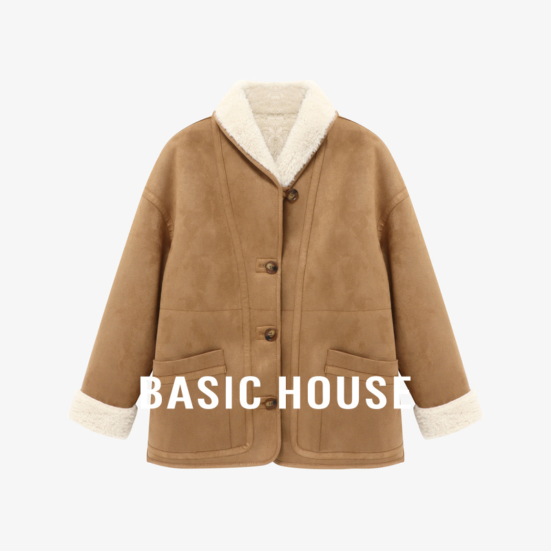 Basic House/百家好翻领加绒短款外套秋冬保暖落肩皮毛一体上衣女