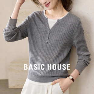 百家好绵羊毛撞色短款长袖针织衫冬季新款修身显瘦简约假两件上衣