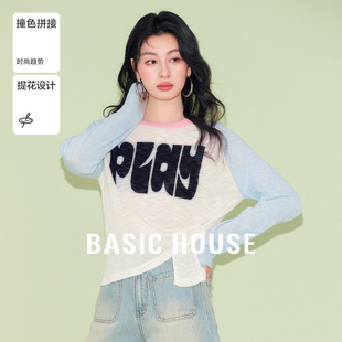 秋撞色插肩袖 Basic 字母提花针织衫 百家好美式 不规则上衣 House