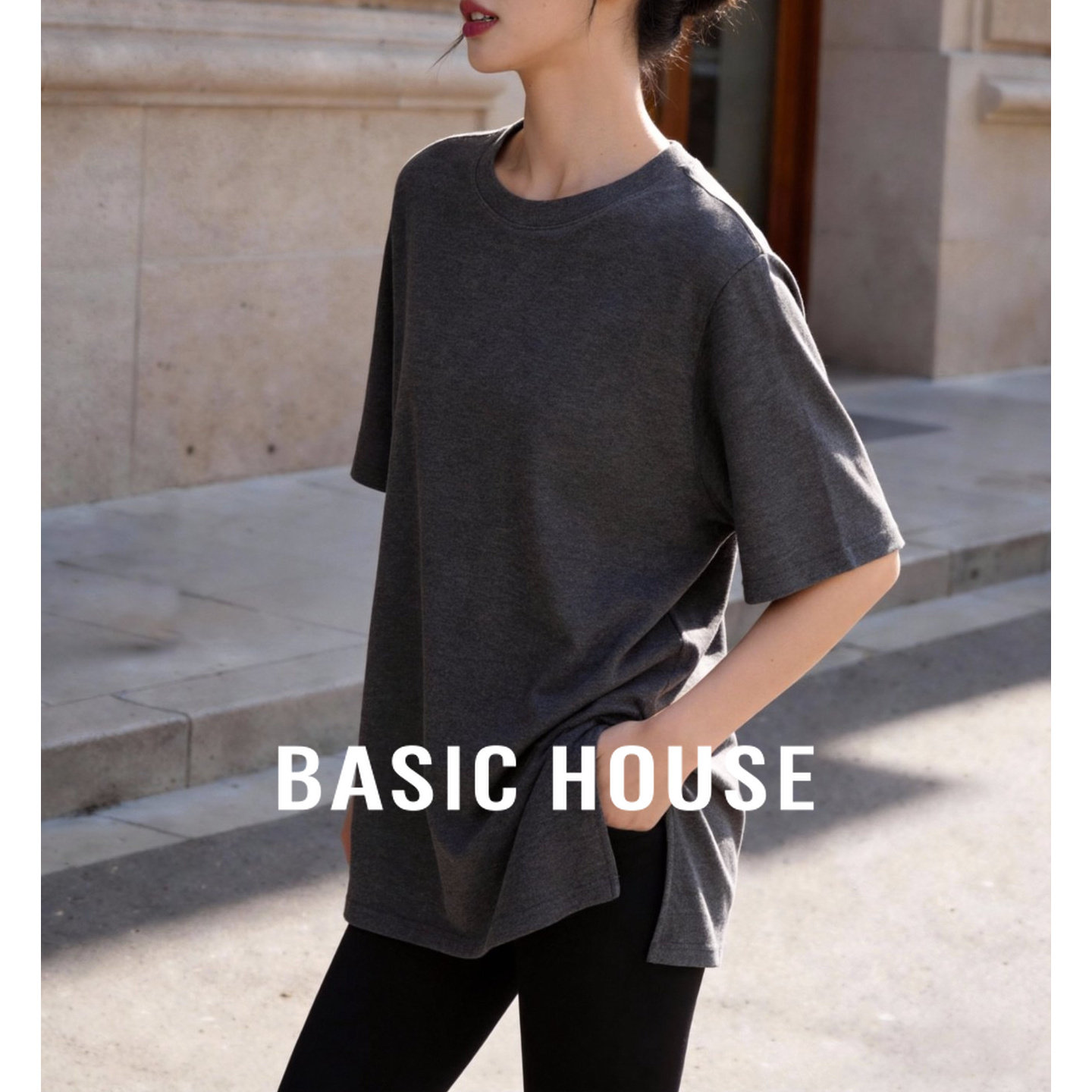 Basic House/百家好桑蚕丝灰色短袖T恤春季新款日常宽松圆领上衣