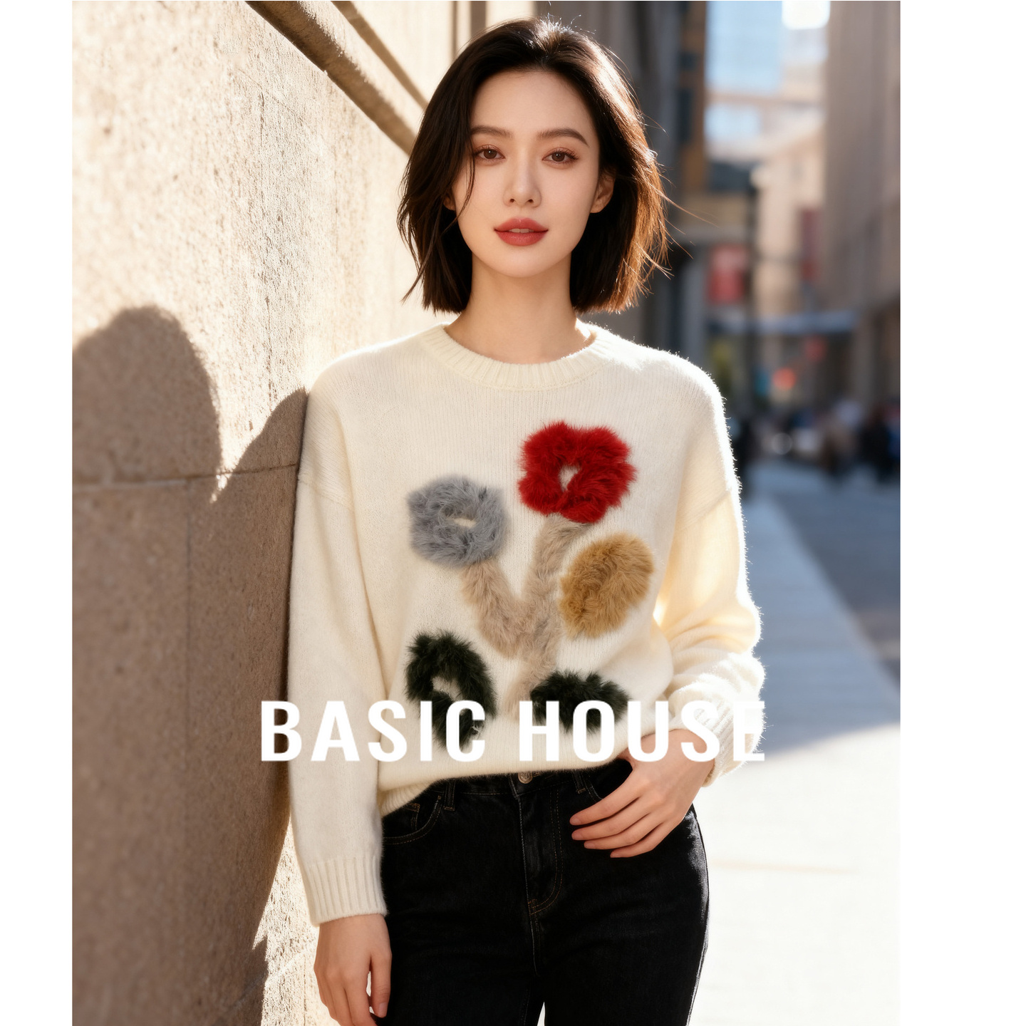 Basic House/百家好米白色圆领毛衣女秋冬立体毛绒花朵宽松针织衫