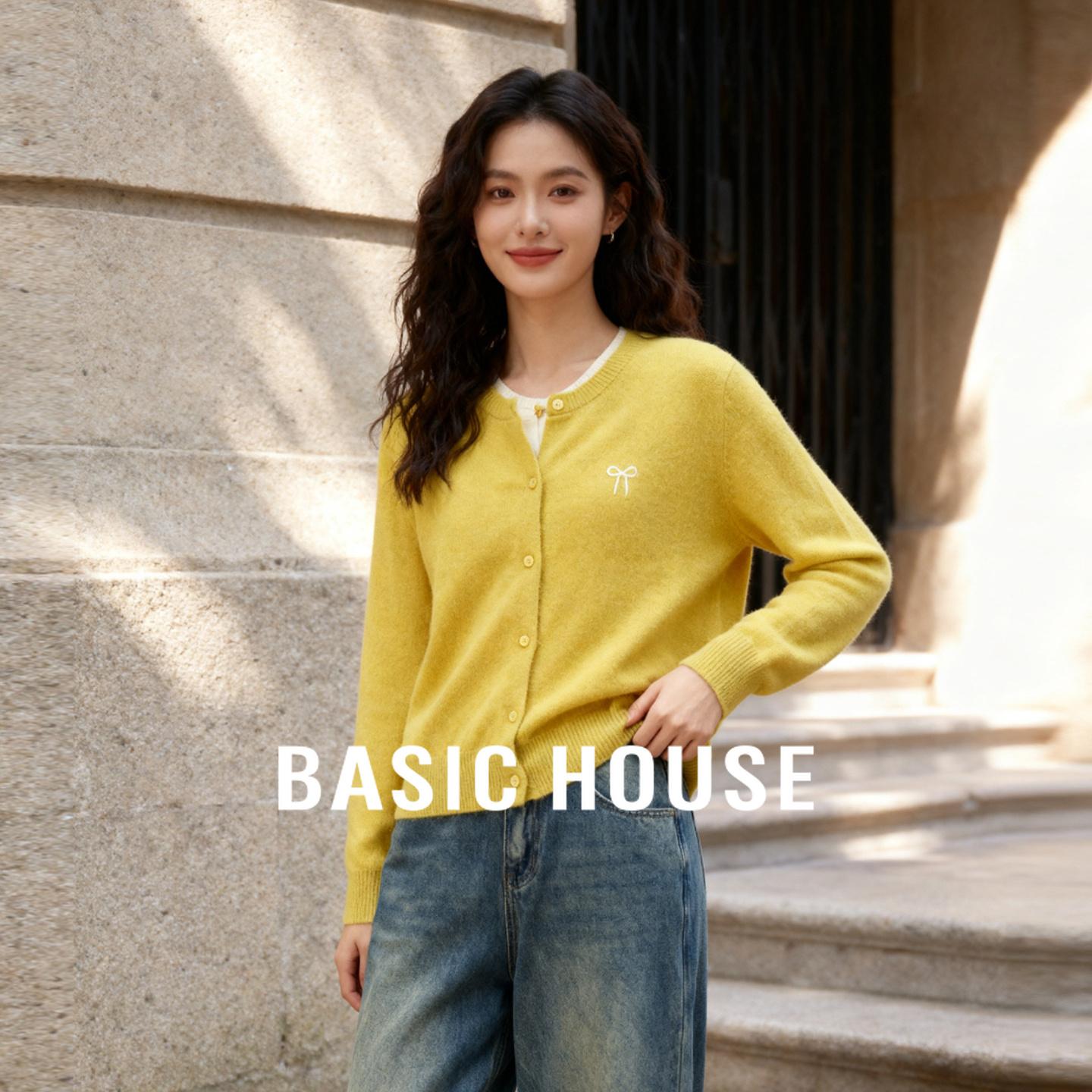 Basic House/百家好温柔风假两件针织开衫女款秋季新款蝴蝶结上衣