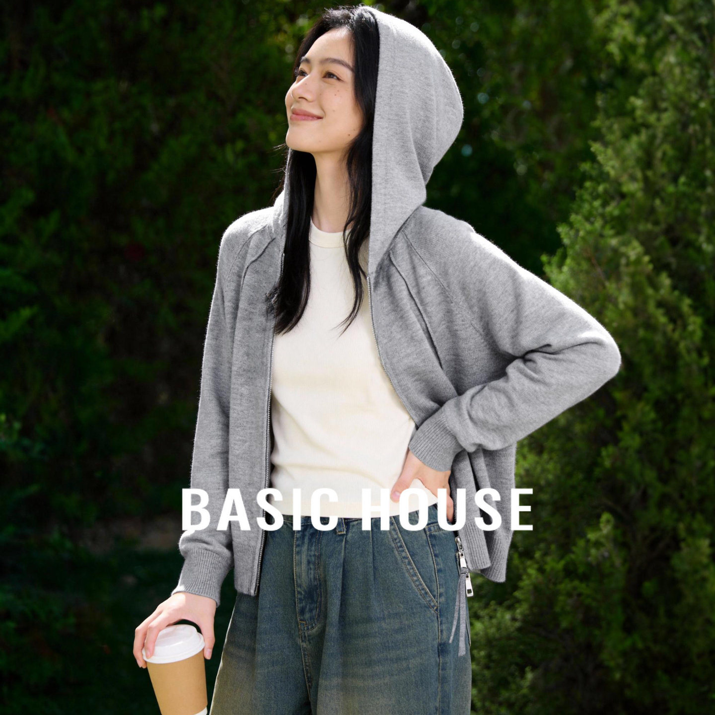 百家好浅灰连帽针织开衫女2026春新款宽松休闲拉链卫衣式针织外套