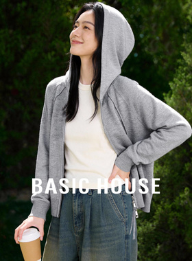 百家好浅灰连帽针织开衫女2026春新款宽松休闲拉链卫衣式针织外套