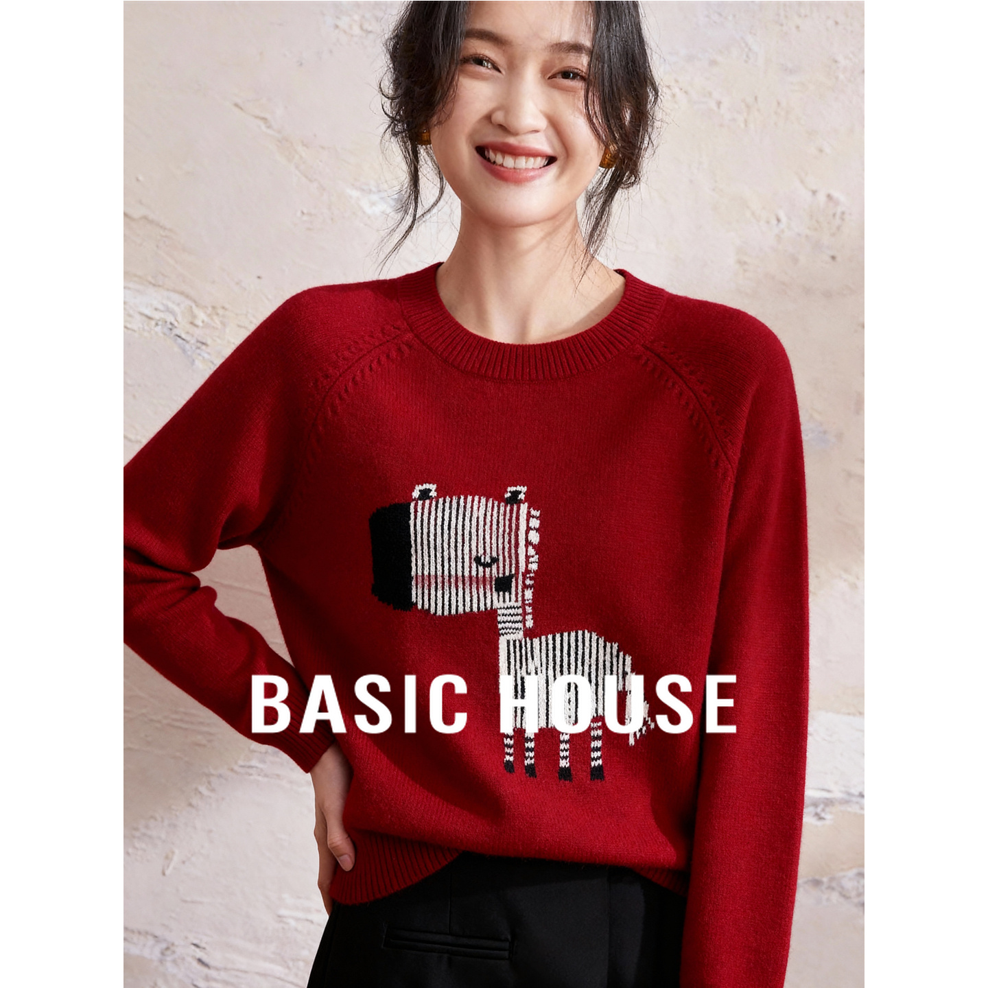 百家好卡通刺绣绵羊毛针织上衣女冬季新款高级插肩袖套头圣诞毛衣