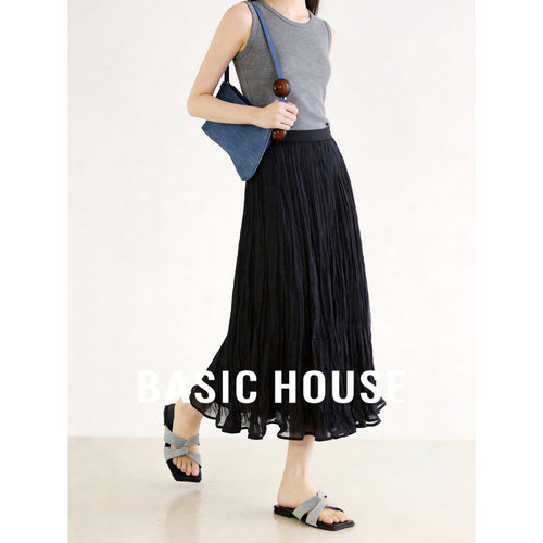 Basic House/百家好木耳边藕色半身纱裙夏季新款百褶垂感中长裙