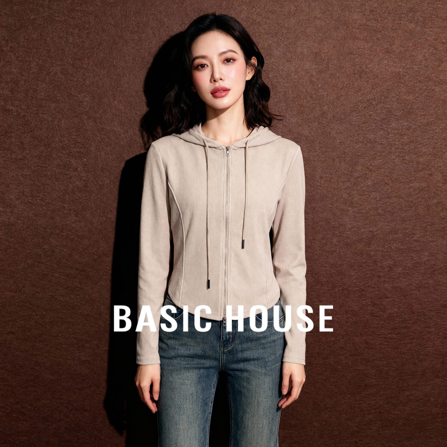 Basic House/百家好纯色连帽针织开衫秋季新款双头拉链长袖短外套