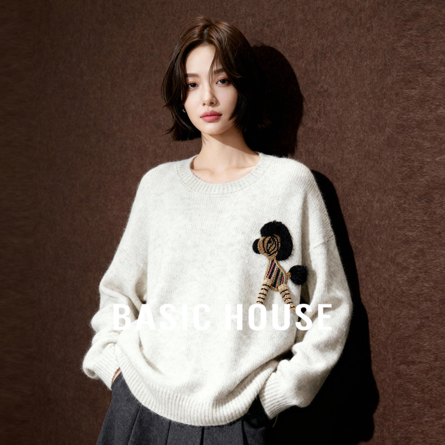 Basic House/百家好卡通圆领毛衣春季慵懒风套头上衣2026春季新款