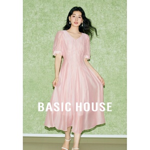 Basic House/百家好莱赛尔夏季甜美长裙新款设计感亚麻短袖连衣裙