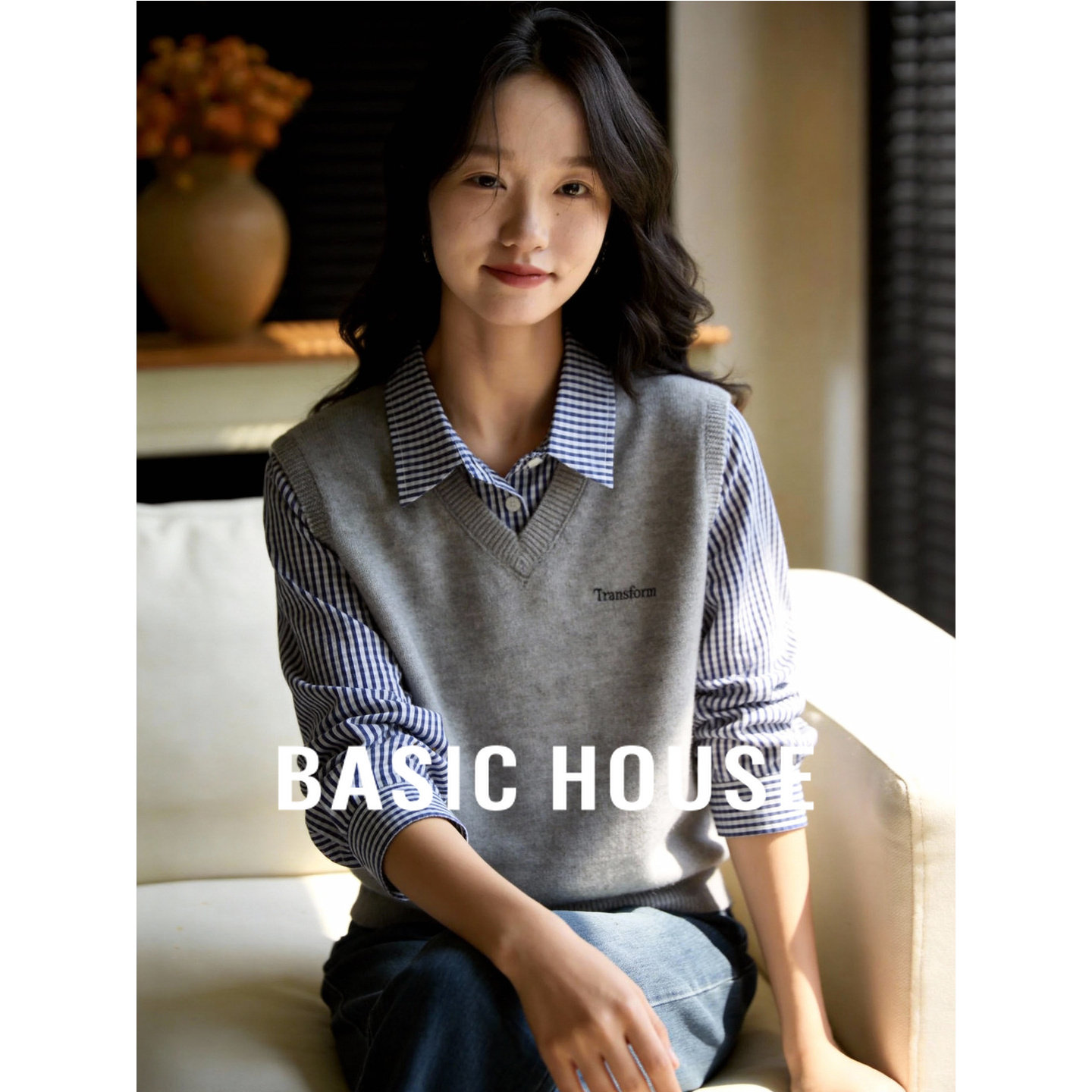 Basic House/百家好格子衬衫假两件上衣春季新款纯色马甲短款毛衣