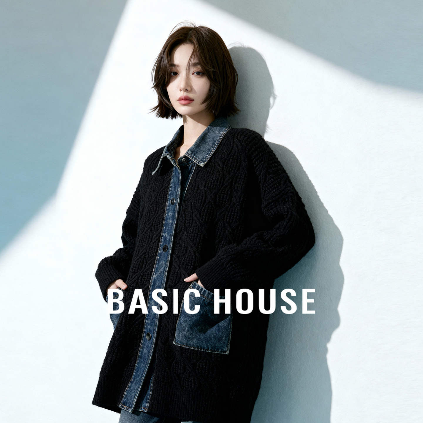 Basic House/百家好秋冬新款慵懒风牛仔拼接针织外套宽松毛衣开衫