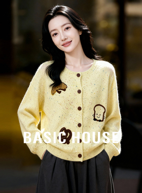 Basic House/百家好点点纱卡通刺绣针织开衫女软糯宽松毛衣外套冬