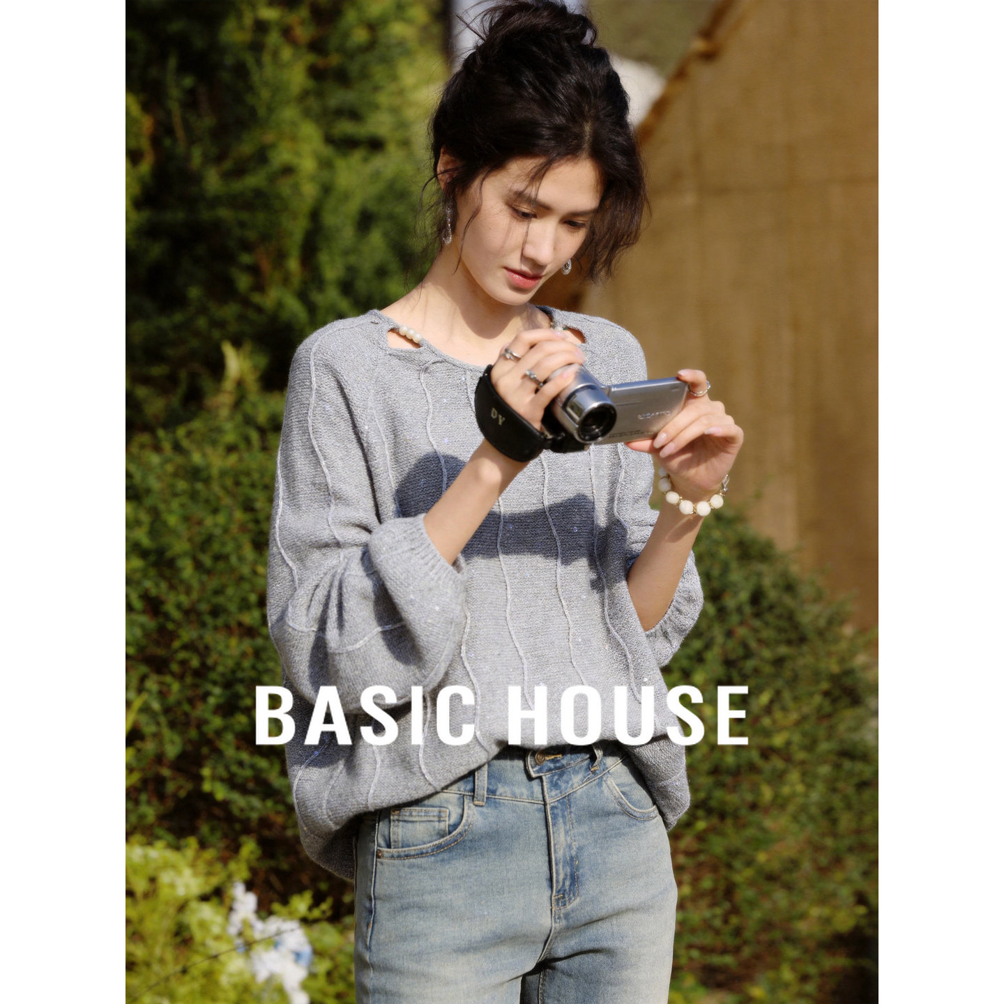 Basic House/百家好纯色镂空针织衫女26夏季新款长袖亚麻罩衫上衣