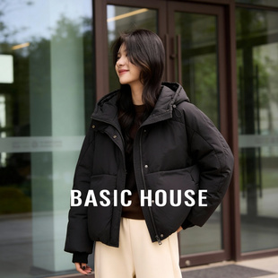 百家好黑色连帽短款羽绒服女冬季2025新款宽松上衣时尚保暖外套