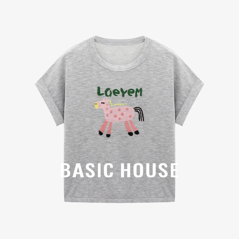 Basic House/百家好小众刺绣设计感简约百搭夏季新款短袖针织衫女