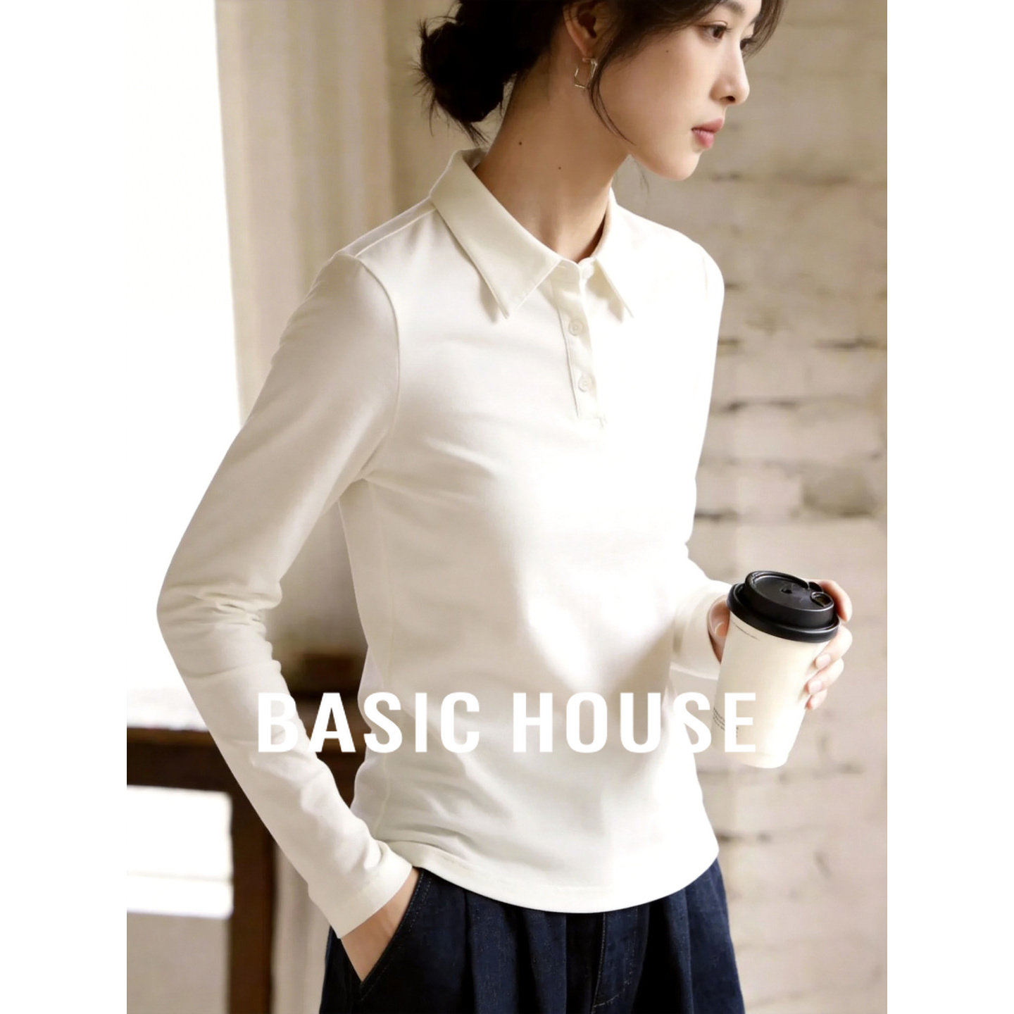 Basic House/百家好Polo领长袖T恤女春季修身显瘦百搭通勤上衣