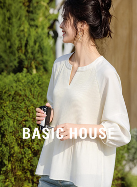 Basic House/百家好法式温柔白色衬衫女夏季V领压褶垂感显瘦上衣