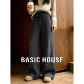 百家好深灰保暖加绒阔腿抽绳休闲裤 加厚直筒运动卫裤 子女冬季 新款