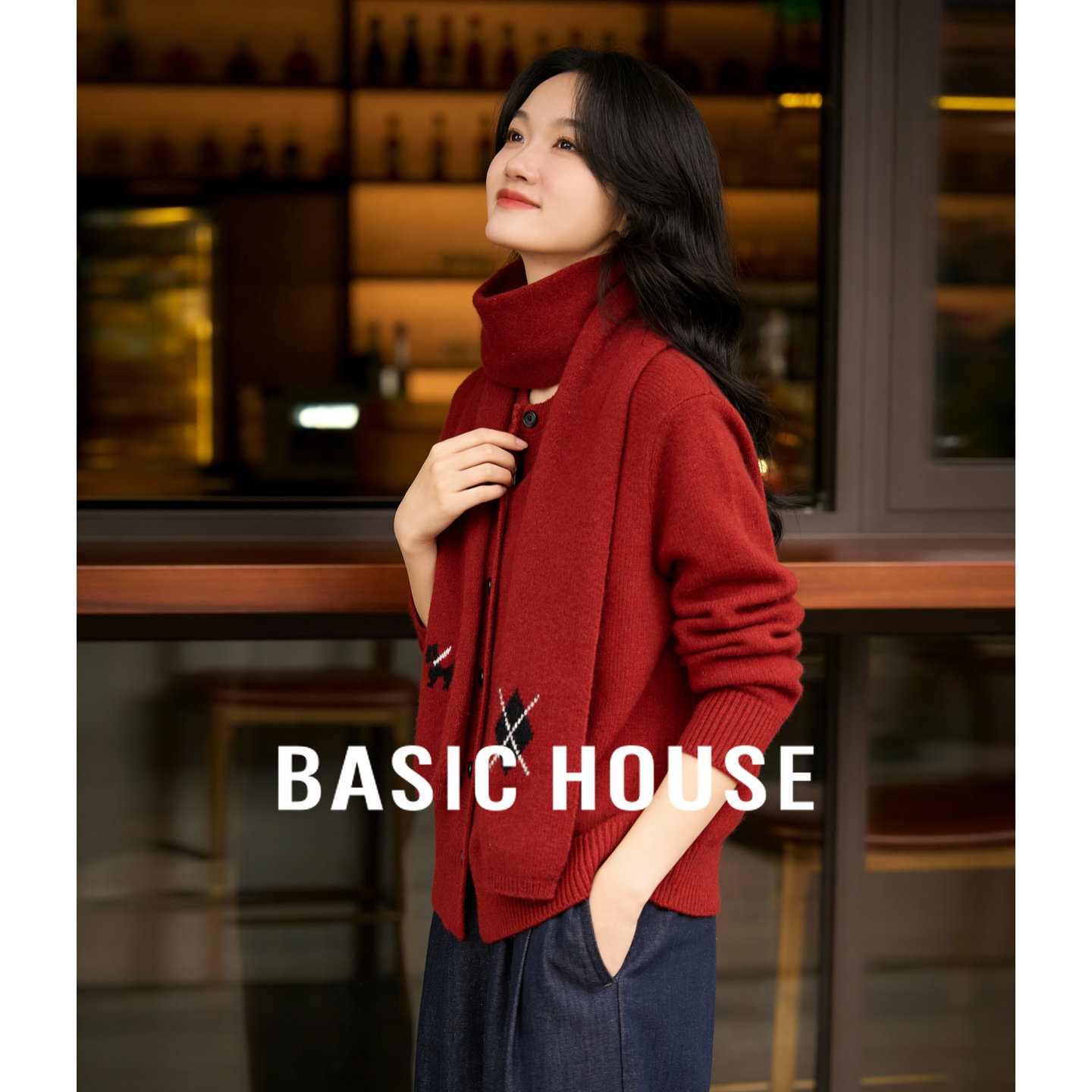 百家好新年红色毛衣冬季新款女士围巾菱格绵羊毛纽扣针织开衫上衣,女装/女士精品,毛衣,淘宝优惠券,粉丝福利购,淘宝优惠卷