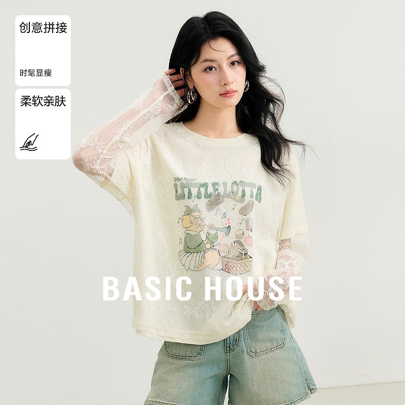 Basic House/百家好蕾丝刺绣拼接假两件T恤夏秋卡通圆领宽松上衣