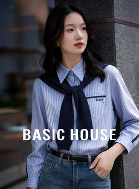 Basic House/百家好蓝条纹衬衫女新款学院风可拆卸披肩假两件上衣