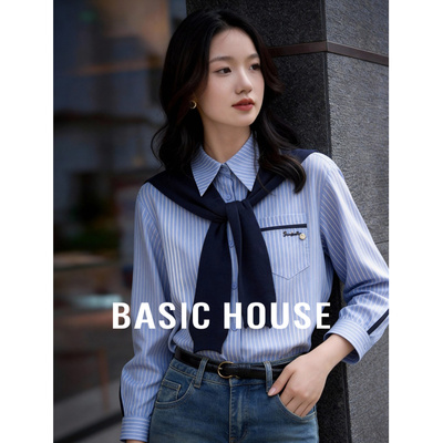 Basic House/百家好蓝条纹衬衫女新款学院风可拆卸披肩假两件上衣