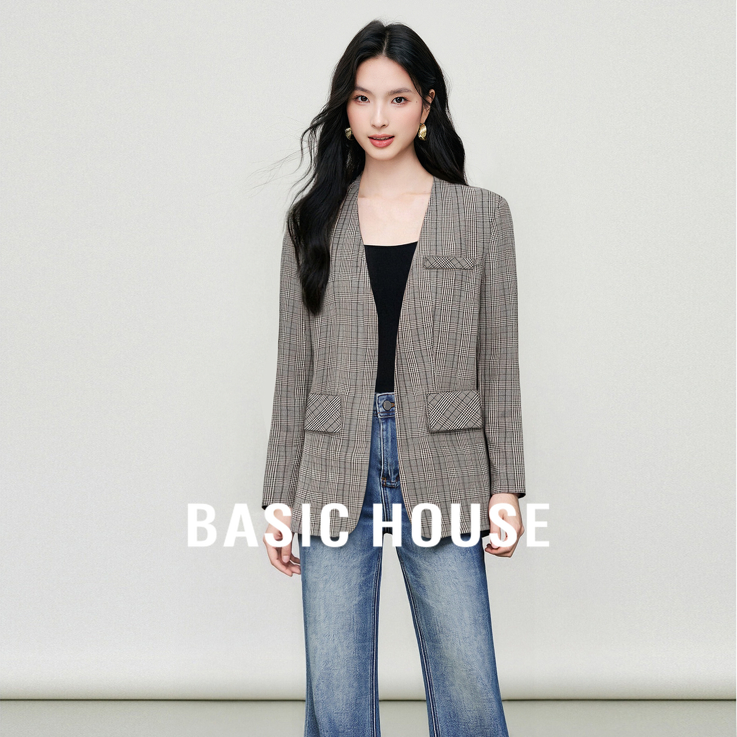 Basic House/百家好格纹复古休闲时尚秋季新款通勤气质西装外套女